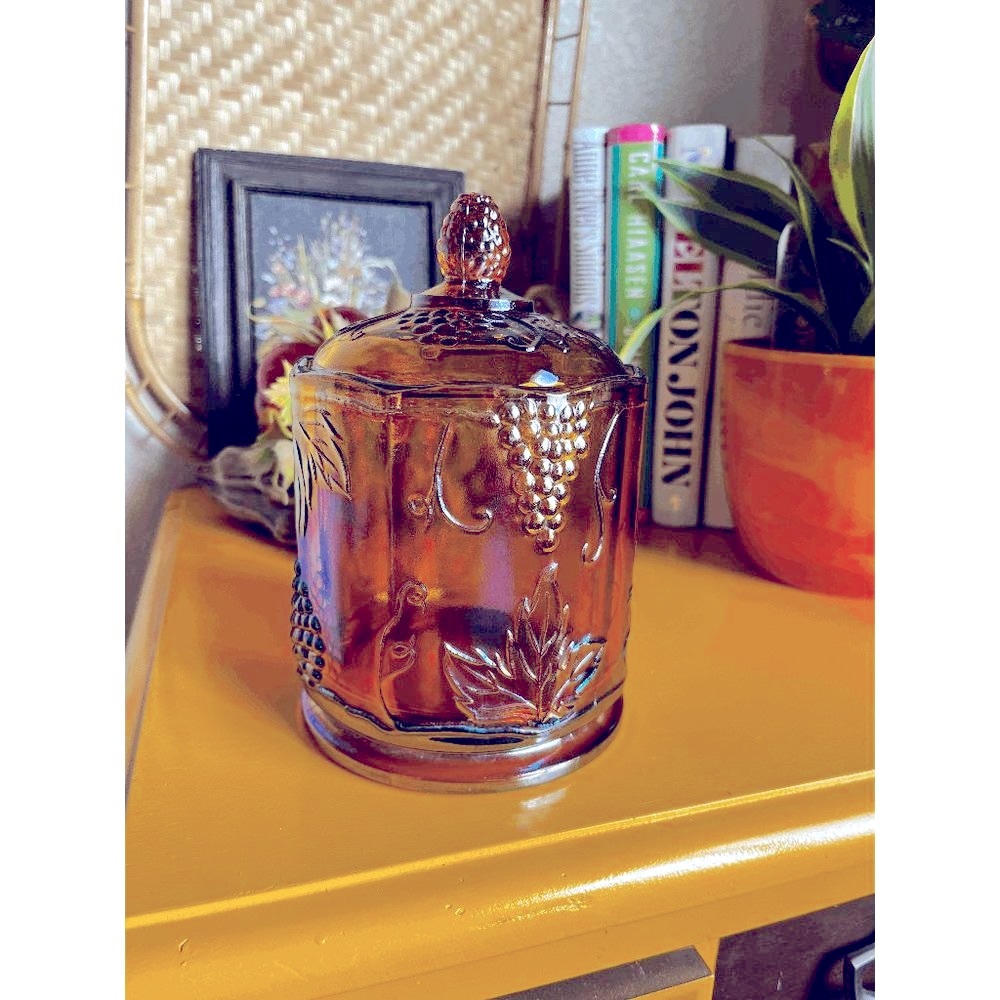 Vintage Indiana Iridescent Gold Harvest Grape Carnival Glass Lidded Canister